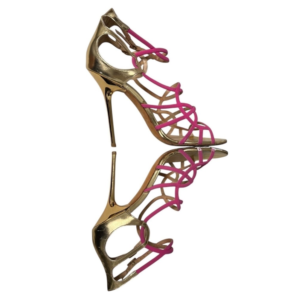 Jimmy Choo Gladiator Suede Strappy Stiletto Heels IT36 Gold Pink Made in Italy
